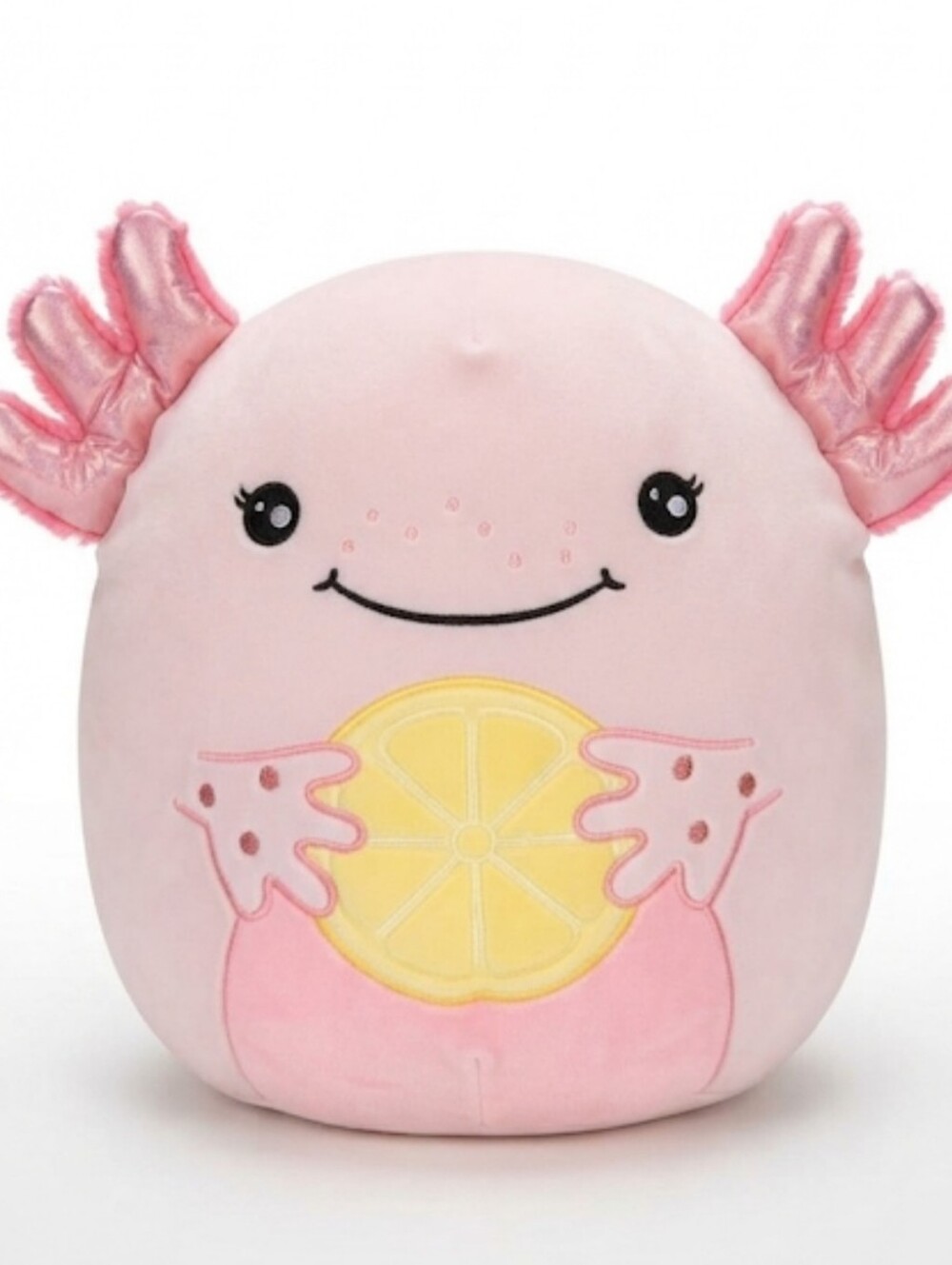 Plush Pink Axolotl Kids Pillow with Lemon Design